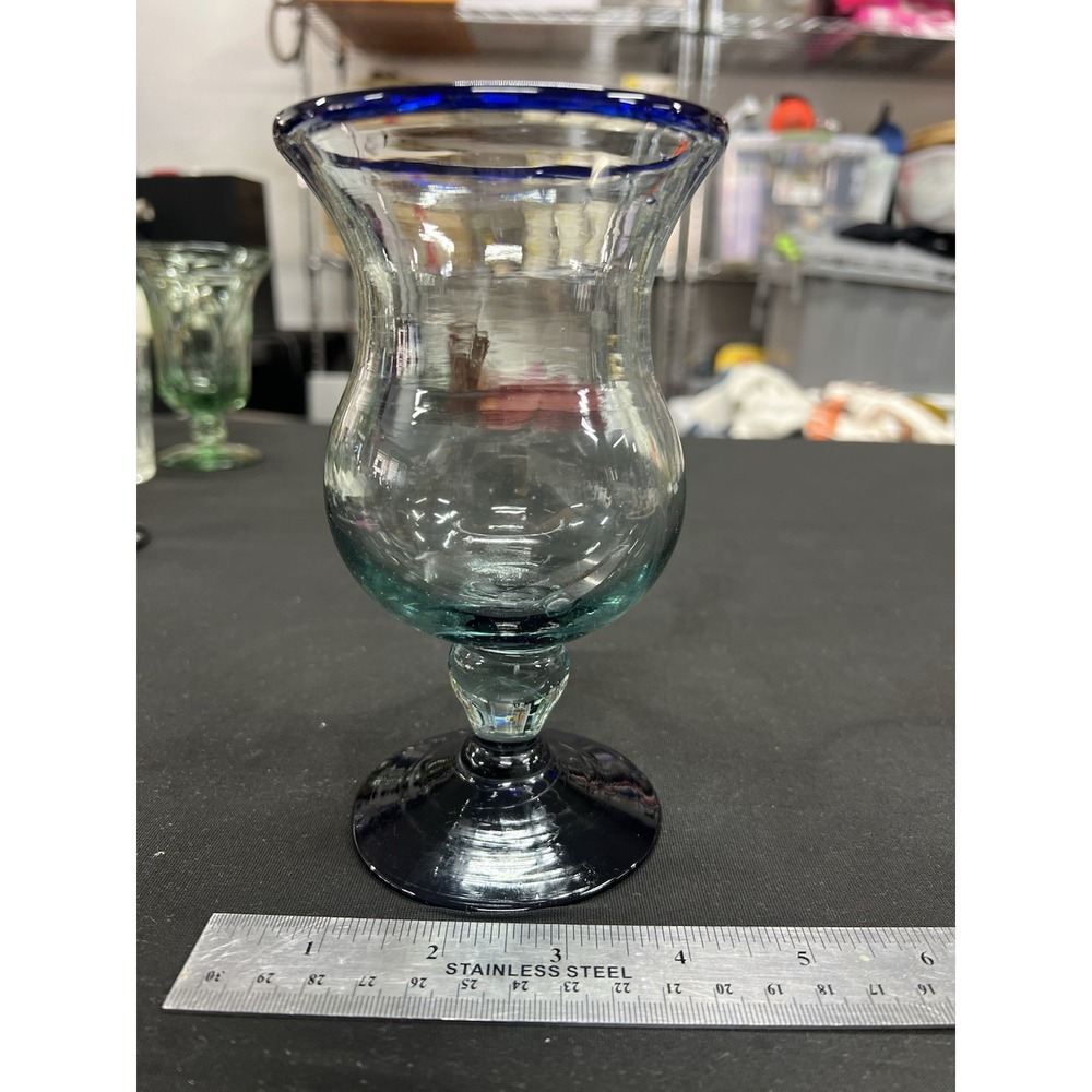 Mexican Hand Blown‎ Poco Grande Glasses Cobalt Stem and Rim